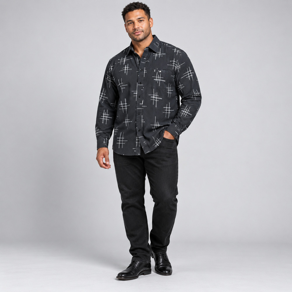 Platini Men’s 2XL Black Gray Abstract Geometric Long Sleeve Button-Up Shirt